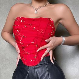 Damestanks Vemina mode mouwloze kale schouder Seersucker vrouwen crop top kan kant borduurwerk strapless Backless Vest sexy visbeen korset