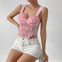 Damestanks Vemina Street Style Pink Halter V Hals Crop Top Lace 3d Rose Flowers Corset Fashion Woman Backless Sexy Slank Strappy Vest