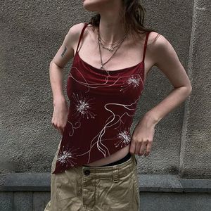 Tanks Femmes Vintage Floral Mini Gilet Femme Rouge Asymétrique Velours Crop Top Femmes Sexy Esthétique Chic Streetwear Sling Tee Y2k Tops