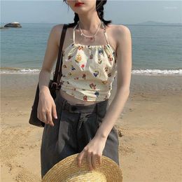 Tanks pour femmes Vintage Sweet Floral Print Crop Top Summer Beach Style Sexy Dos nu Halter Cami Femmes Coréen Tank Ropa Para Mujer