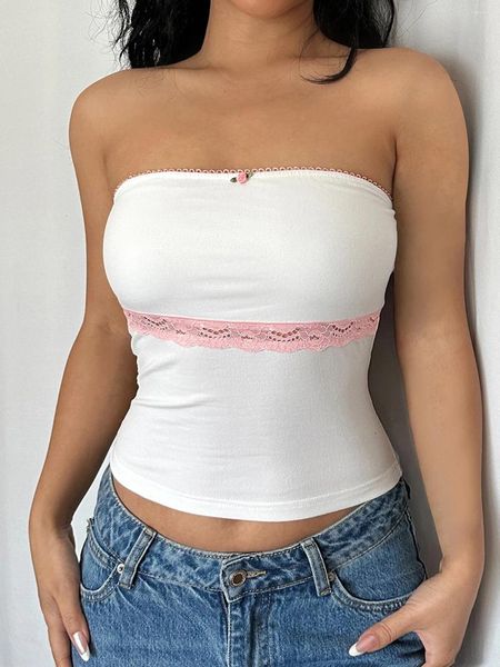 Tanks pour femmes Weekeey Femmes décontractées tube sans manches en dentelle Top Contrast Patchwork Slim-Fit Cropped Tops Y2K Aesthetic Ladies Summer Tees