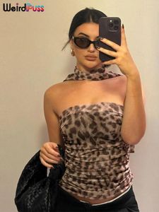 Tanks pour femmes bizarres puss Leopard Imprimé Crops Tops Femme Summer Sware Swarf Collier sans bretelles Wild Trend Party Chic Clubwear Skinny Vest