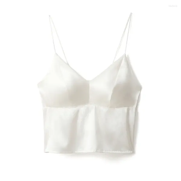 Tanques de mujer Color blanco Camisola de satén de seda pura con almohadilla separada Mujeres Tube Top Ropa interior Transpirable Antialérgico Fresco en verano