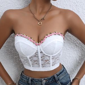 Débardeurs pour femmes Blanc Crop Top Femmes Voir à travers la dentelle Couture Fleur tridimensionnelle Bague en acier courte Fishbone Tops Femme Vêtements