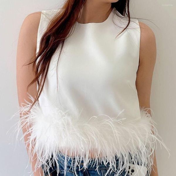 Femmes réservoirs blanc Patchwork plumes mode coréenne petit haut femmes col rond sans manches mince hauts femme 2023 vêtements d'été