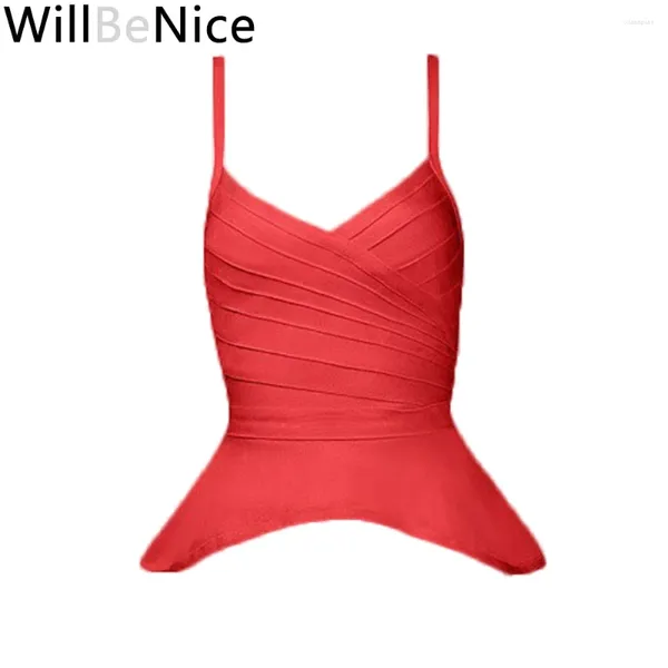 Tanques de mujer WillBeNice 2023 Venta al por mayor Sexy Red Mujeres Bodycon Ruffle V Cuello Vendaje Top