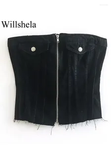 Tanks Femmes Willshela Femmes Mode Denim Solide Front Zipper Corset Tops Vintage Whit Bouton Sans Bretelles Slash Cou Femme Chic Lady Top