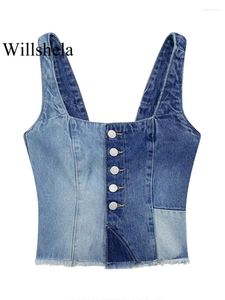 Tanks pour femmes Willshela Femmes Mode Denim Patchwork Crop Top Simple Boutonnage Camisole Vintage Bretelles Col Carré Femme Chic