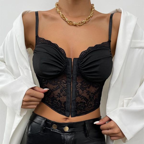 Camisola plisada con panel ajustado para mujer Camiseta sin mangas corta con escote corazón y dobladillo de encaje negro S/M/L