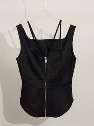 Débardeurs femme ourlet incurvé noir Sexy couture fronde Camisole 2023 été taille mince fermeture éclair sans manches gilet haut femme