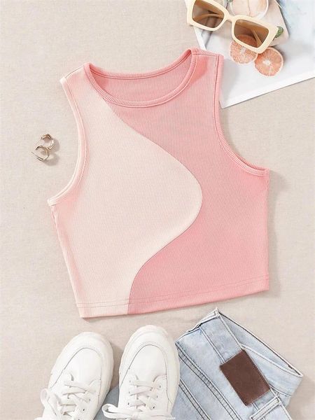 Tanks Femmes Femmes Côtelée Tricot Rose Débardeur O-Cou Sans Manches Mignon Bébé Tee Y2K Vêtements Été Patchwork Couleur Bloc Crop T-shirt