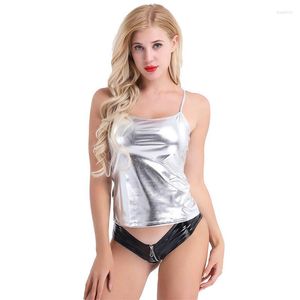 Camisola metálica brillante para mujer, chaleco corto con aspecto mojado, camiseta sin mangas con tirantes finos, ropa de baile para fiesta y Club, ropa de baile básica sólida con tiras