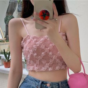 Débardeurs pour femmes Camisole en dentelle sans manches pour femmes Été Doux Rose Décor Spaghetti Strap Débardeurs Femme Casual Rose Gilet Crop Top Y2k