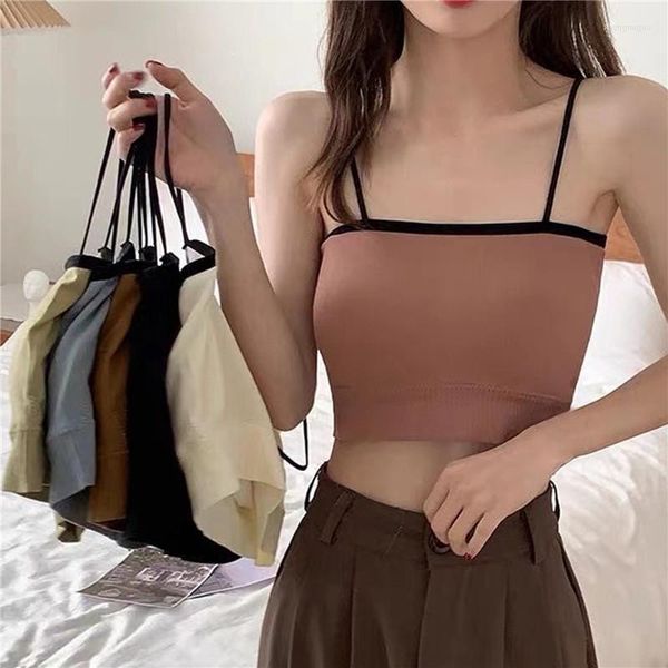 Camiseta sin mangas para mujer, camiseta sin mangas de estilo coreano, camisetas sin costuras, ropa interior de retazos, camisola, tirantes finos para el hombro, espalda descubierta corta