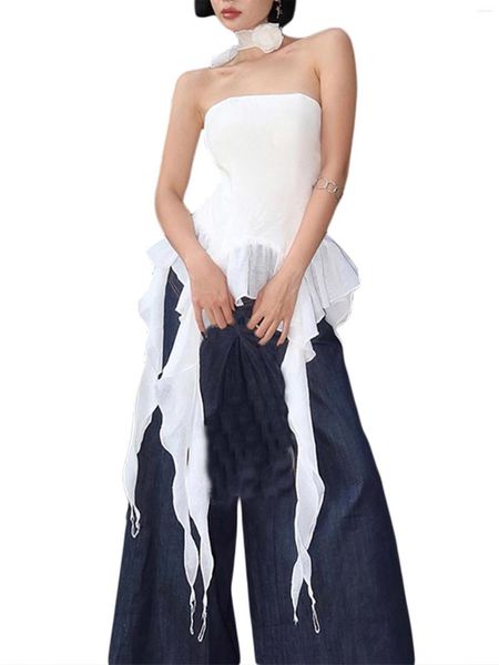 Débardeurs Femme 3D Floral Débardeurs Sans Manches Dos Nu Sheer Ruffle Glands Crop Shirt Slim Fitted Lace Frill Halter Tube Top (Blanc