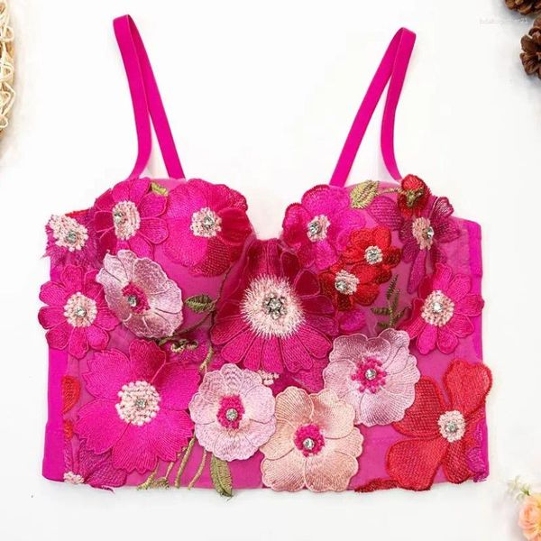 Tanques de mujer Camisola de flores 3D con cuentas Push Up Bustier Bra Stage Sexy Cropped Top Mujer Nightclub Party Tank Y4205