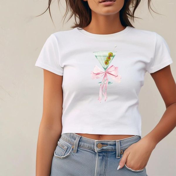 Tanks pour femmes Femmes Esthétique T-shirt d'été Verre à vin Bow Imprimer T-shirt à manches courtes Streetwear Pulls Casual Crop Top Vêtements