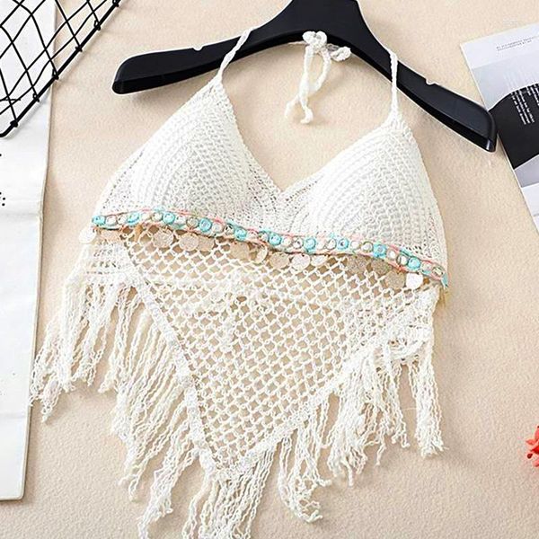 Débardeurs pour femmes Femmes Style bohème Halter Camisole Tricoté Beachwear Avec Pad Crochet Tops Bikini Top Tassel Camis V Neck Hollow Out