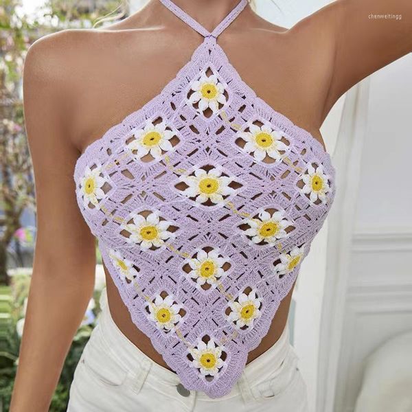 Débardeurs pour femmes Camisoles pour femmes Top Camisole tricoté Floral Crochet Motif Halter Neck Backless Tank Summer Beach Holiday Bohemian Lace Up