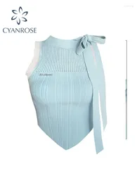 Tanks pour femmes Femmes Camisole Bleu Lace Up Crop Top Vintage Y2k 2024 Mode d'été Streetwear Blanc Tank Sexy Sans Manches Hors Épaule Gilet