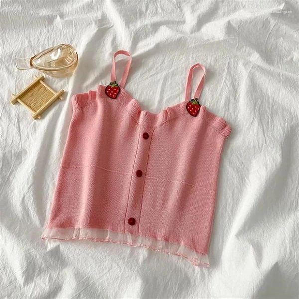 Débardeurs pour femmes Femmes Camisole Mignon Tricoté Top Fraise Brodé Patch Jarretelle Boutonné Crop Edge Été Femme Sling Tops