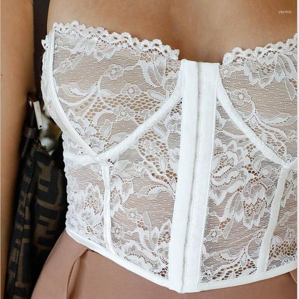 Débardeurs Femmes Femmes Corset Soutiens-Gorge Sans Bretelles Fête D'été Y2K Vêtements Sexy Perspective Dentelle Bustier Tube Crop Top Voir À Travers Clubwear Lingerie