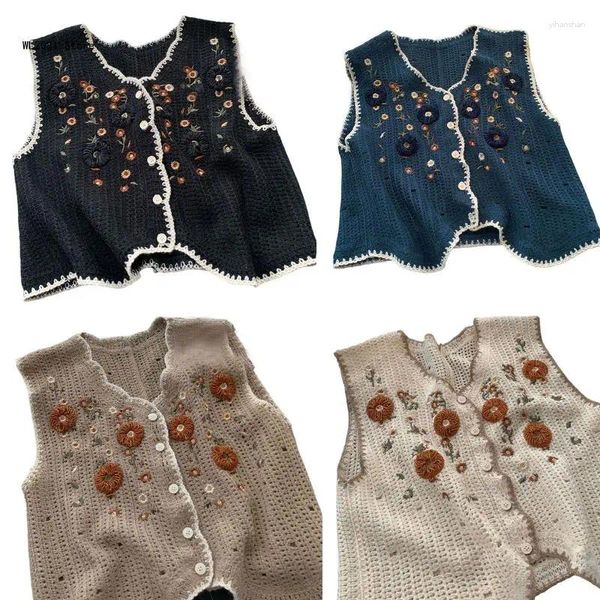 Tanks pour femmes femmes crochet en tricot gilet gilet broderie bouton floral cardigan sans manches