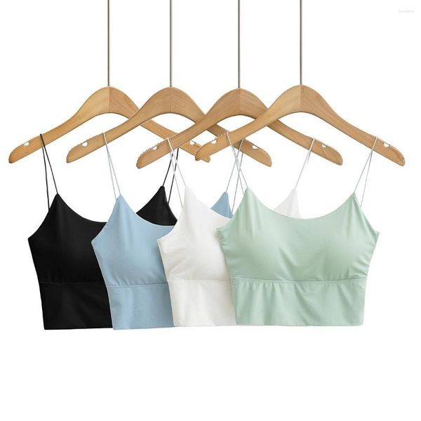 Camisetas sin mangas para mujer, camisetas cortas para mujer, camisola Sexy de Color sólido, sujetador de tubo de seda helada, camiseta sin costuras, chaleco con tirantes finos, ropa interior acolchada