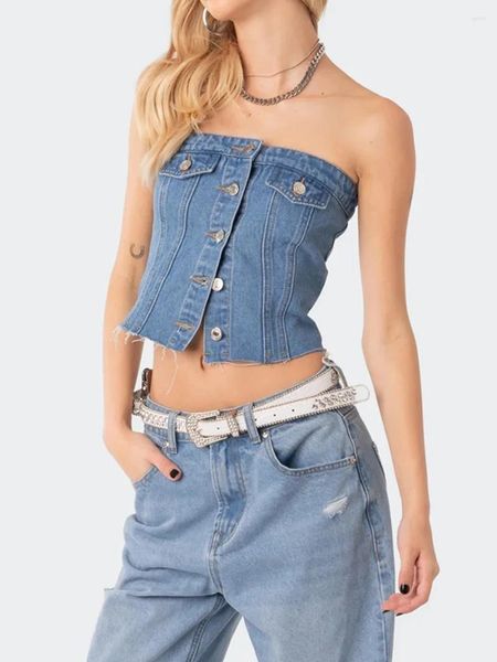 Tanques de mujer Mujeres Denim Crop Tops Zip Up Spaghetti Strap Camis Chaleco Push Bustier Bra Jean Corset Top Summer Streetwear