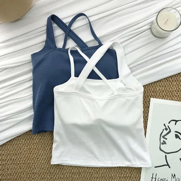 Tanques de mujer Mujeres Diseño Crop Tops Verano Color Sólido Un hombro Cross Back Tank Knit Sexy Bra con almohadilla interior