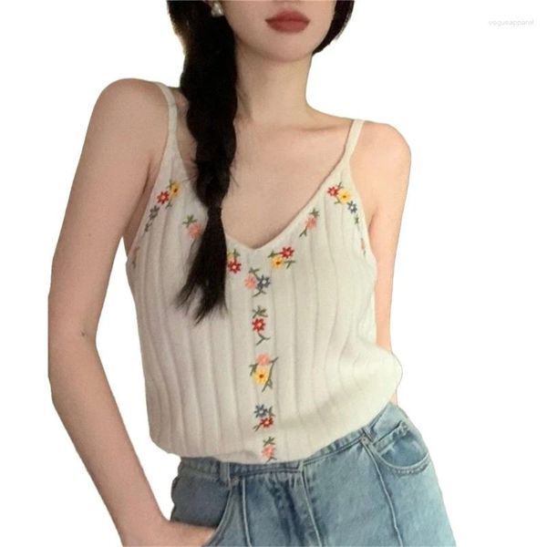 Tanques de mujer Mujeres Bordado Flor Camisola Correas de hombro delgadas Cuello en V Costilla Punto Suéter Chaleco Lady Girls Verano Sin mangas Slim Tank