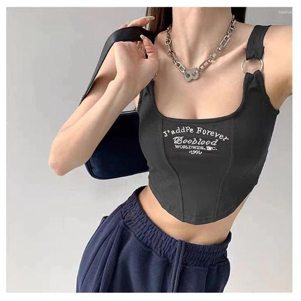 Tanques de mujeres Topas de cartas de bordado para mujeres con almohadilla de sujetador Top informal Y2K Cinturón de hierro de hombro para la primavera verano