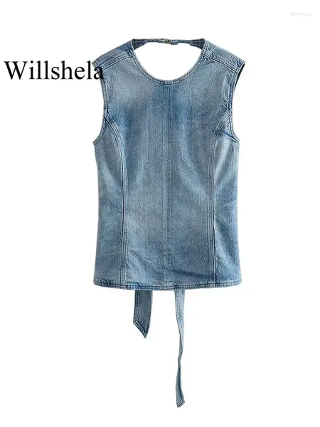 Tanques de mujer Moda Mujer Denim Azul Sin respaldo Lace Up Tank Tops Vintage O-cuello Sin mangas Mujer Chic Lady Trajes