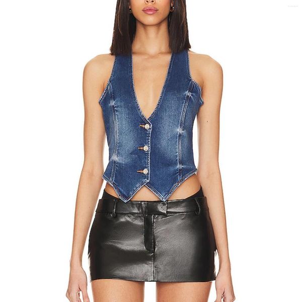 Tanques de mujer Moda para mujer Camisetas sin mangas de mezclilla Color sólido Con cuello en V Chalecos sin mangas con botones Camis de verano Dobladillo asimétrico Ropa informal ajustada