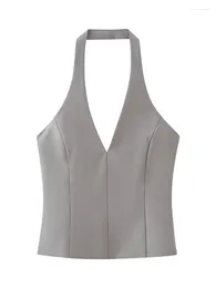 Tanks de femmes femmes Fashion Grey Patchwork Side Zipper Backless Tops Vintage Halter V-Col Neck Sans manches Femme Chic Dame
