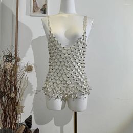 Tanks pour femmes Femmes Mode Imitation Perle Creux Gilet Corps Chaîne À La Main Cristal Perlé Camisole Out Mesh Débardeur Club Bijoux