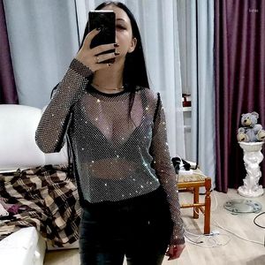 Dames Tanks Dames Visnet Mesh T-shirt met lange mouwen Glanzende strass uitgehold See Through Sexy Dieptepunt Shirt Club Party Dames Tops