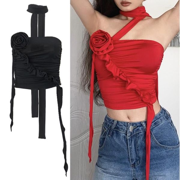 Débardeurs pour femmes Femmes Halter Strap Slim-Fitted Crop Tube Top Vintage 3D Flower Frill Ruffle Tassel Solid Color Camisole Bandeau Vest