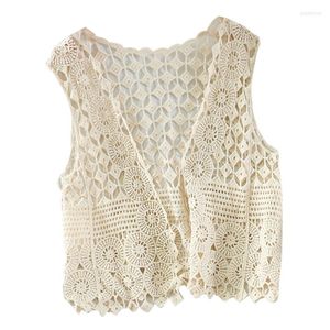 Damestanks Vrouwen uitgehold haak Crochet Crop Top Vest V-Neck open voorkant bloemen kanten mouwloze casual losse jas