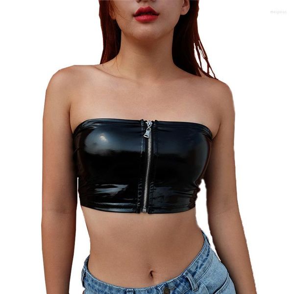 Camisetas sin mangas para mujer, chaleco corto de cuero PU para mujer, corsé Sexy con cremallera ajustada y ombligo descubierto, Top de tubo negro, Tops para club nocturno