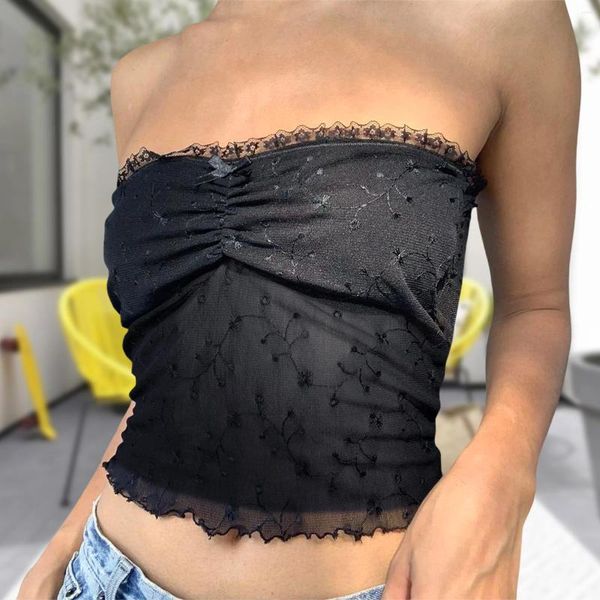 Tanks pour femmes Femme Pullover Bandeau Crop Top Mesh Y2K Lace Lace sans manches Nou de bateau Slim Slim Slim Fit Simple Streetwear Costume