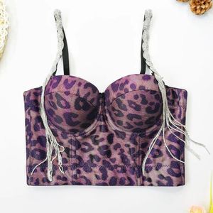 Tanks Femmes Femmes Purple Leopard Camisoles avec soutien-gorge Bustier Corset Crop Top Diamonds Chaîne Sangle à porter High Street Party Tops