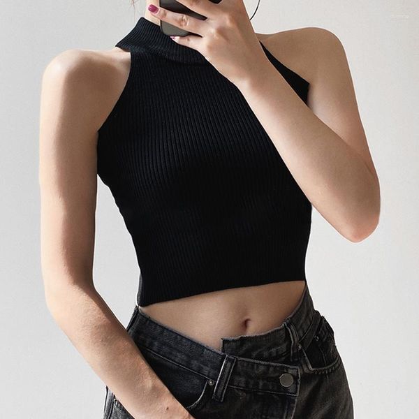 Camiseta sin mangas con cuello Halter acanalado para mujer