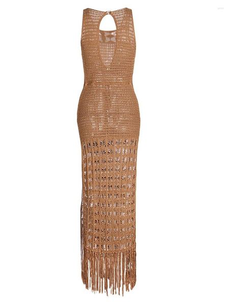 Débardeurs pour femmes Femmes S Boho Crochet Knit Cover Up Robe avec conception de découpe sans manches et longueur maxi transparente - Réservoir de gland fendu sur le côté élégant