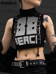 Tanks Feminino Regata Cargo Feminina Y2k Punk Techwear Riveted Street Clothing Regata Grunge Ultra Fino Gola Tartaruga Crop Top 230711