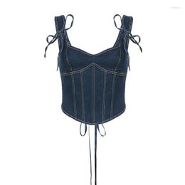 Dames Tanks Dames Denim Bustier Tops Dames Zomer V-hals Vastgebonden Mouwloos Korset Jeans Vest Trendy Uitgaanskleding Mode