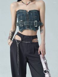 Tanks pour femmes Femmes Retro Denim Irrégulière Top Top Femmes 2023 Summer Fashion Designer Streetwear Y2K Jeans Zip-Up Tank sans bretelles