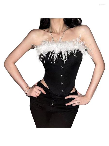 Débardeurs Femmes Sexy Corset Tops Bretelles Plume Garniture Fermoir Simple Avant Slim Fit Bustier