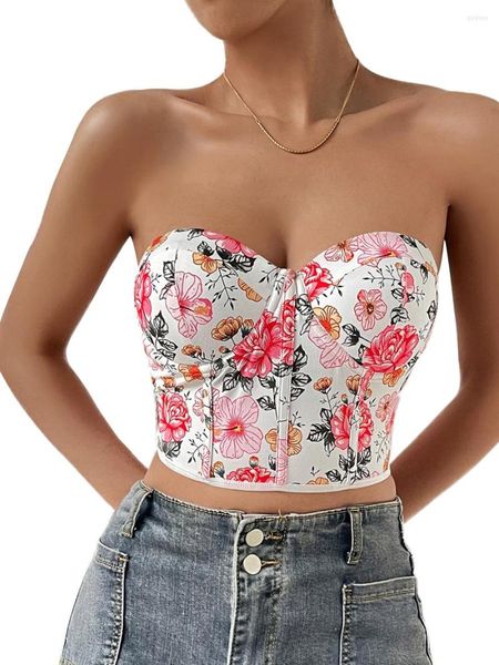 Tanques De Mujer Tops De Tubo Ajustados Sin Tirantes para Mujer Estampado Floral Espina De Pescado Control De Cintura Cuello Barco Tanque Ropa De Club De Verano