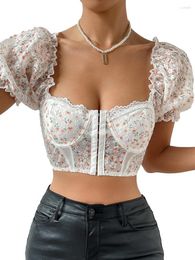 Tanques femininos Mulheres StylishYoung Mulheres Curta Manga Floral Crop Tops Quadrado Pescoço Gancho e Eye Front T-shirts Corset (Laranja